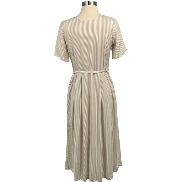 Vetta The Button Up Midi Dress Taupe Stripe Short Sleeve Buttoned Size XS Belted - Picture 6 of 9